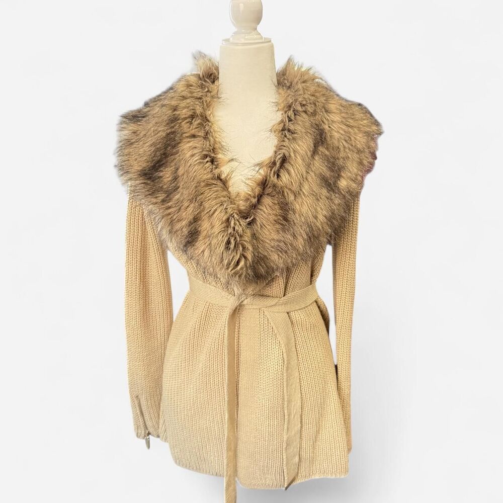 Thalia Sodi Cream Faux Fur Collar Belted Cardigan Sweater gold Y2K Medium Chic